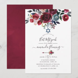 Convites Boho Chic Burgundy e Floral Naval Bat Mitzvah