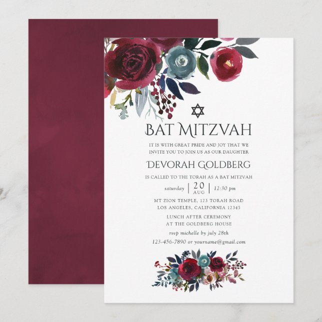 Convites Boho Chic Burgundy e Marinho Bat Mitzvah (Frente/Verso)