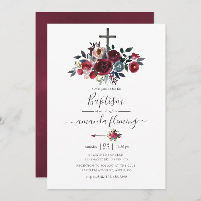 Convites Boho Chic Burgundy e Marinho Floral Baptism (Frente/Verso)