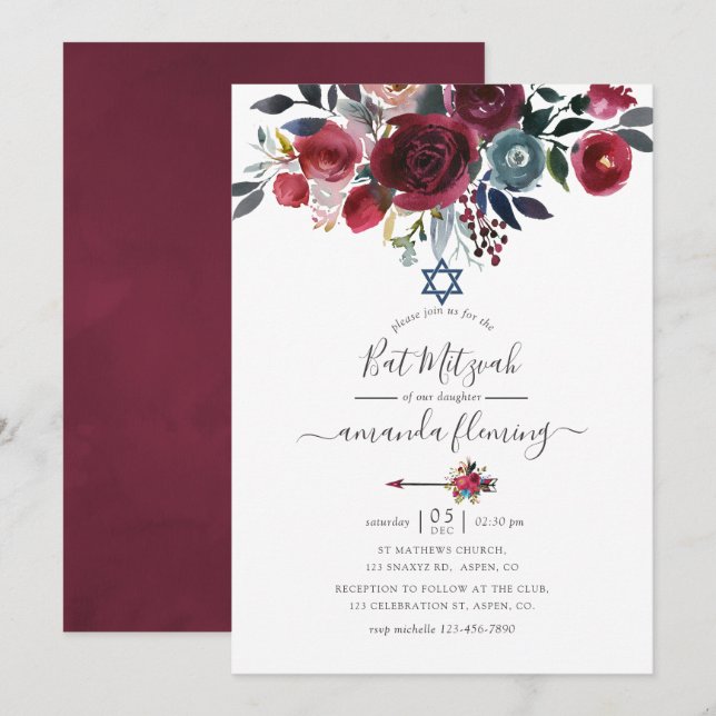 Convites Boho Chic Burgundy e Marinho Floral Bat Mitzvah (Frente/Verso)
