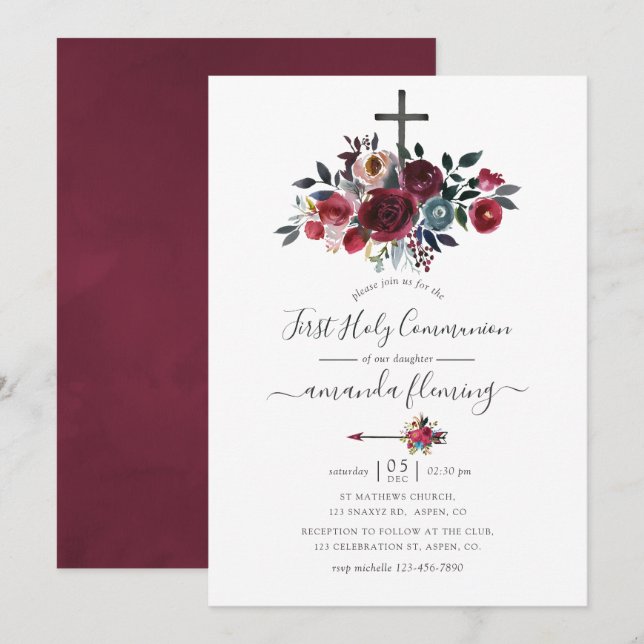 Convites Boho Chic Burgundy e Naval Floral Primeira Comunhã (Frente/Verso)