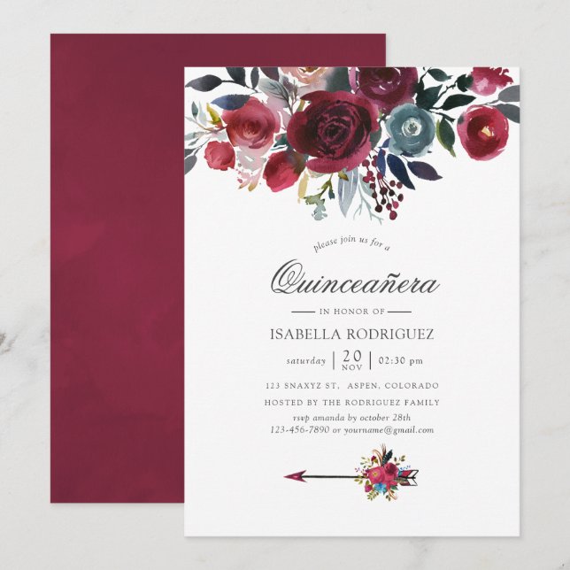 Convites Boho Chic Burgundy e Navy floral Quinceañera (Frente/Verso)