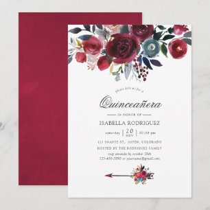 Convites Boho Chic Burgundy e Navy floral Quinceañera