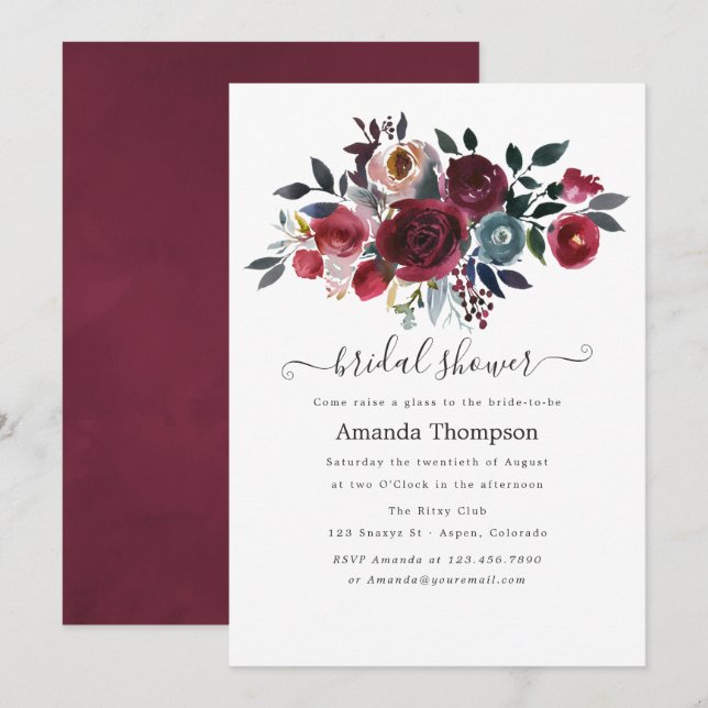 Convites Boho Chic Burgundy & Navy floral Brunch e Espumant (Frente/Verso)