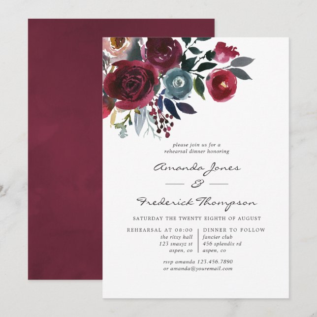 Convites Boho Chic Burgundy & Navy floral Jantar de Ensaios (Frente/Verso)