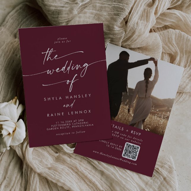 Convites Boho Chic Burgundy Red Photo Código QR Casamento (Criador carregado)