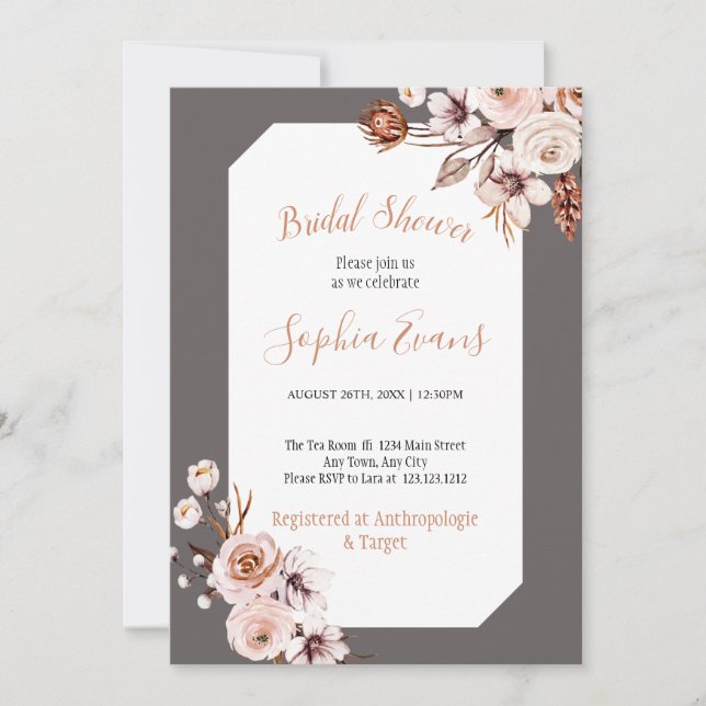 Convites Boho Chic Cream e Brown Floral Chá de panela (Frente)