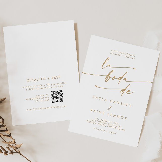 Convites Boho Chic Dourado e Branco Código QR Casamento Esp (Boho Chic Gold and White QR Code Spanish Wedding Invitation)