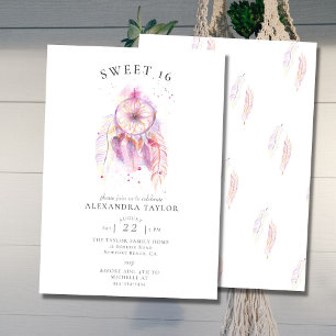 Convites Boho Chic Dream Catcher Pink Watercolor Sweet 16