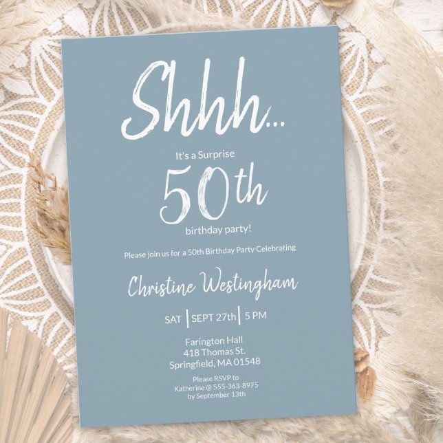 Convites Boho Chic Dusty Blue White Surprise 50th Birthday (Criador carregado)