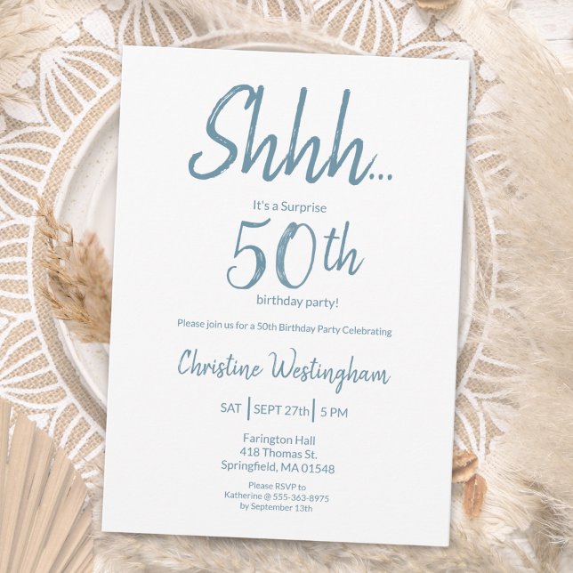Convites Boho Chic Dusty Blue White Surprise 50th Birthday (Criador carregado)