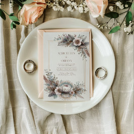 Convites Boho Chic Feather Dusty Rose Gold Frame Wedding