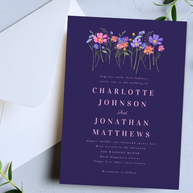 Convites Boho Chic Flor de Campo Azul Marinho Rosa Casament (Elegant modern wildflower meadow vibrant florals navy blue pink wedding invitation)