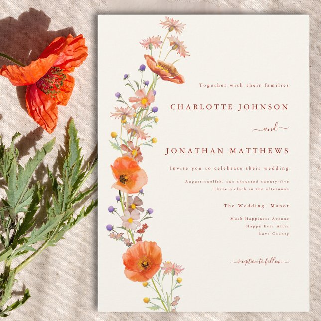 Convites Boho Chic Flor de Campo Laranja Marrom Casamento F (Simple elegant wildflower boho wedding invitation)