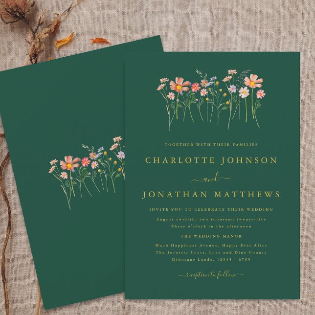 Convites Boho Chic Flor Silvestre Outono Verde & Dourado Ca (Boho fall Wildflower floral green & gold Wedding invitation Elegant modern watercolor autumn flowers)