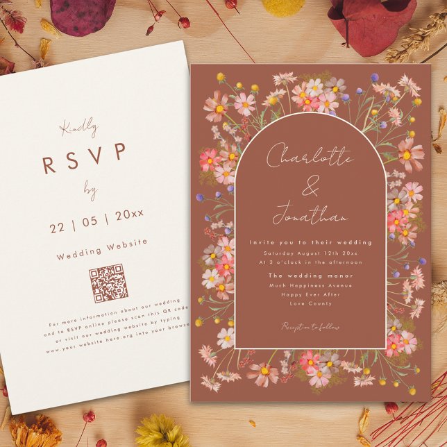 Convites Boho Chic Floral Arch Burnt Orange Casamento outon (Boho chic wildflower arch terracotta burnt orange fall wedding invitation )