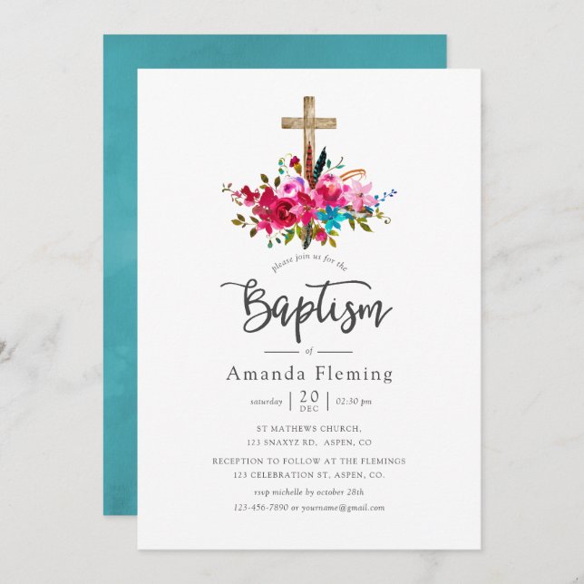 Convites Boho Chic Floral Baptism (Frente/Verso)