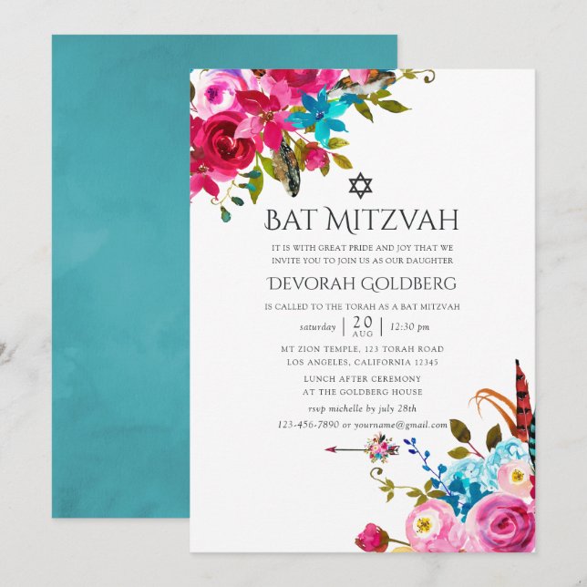 Convites Boho Chic Floral Bar Mitzvah (Frente/Verso)