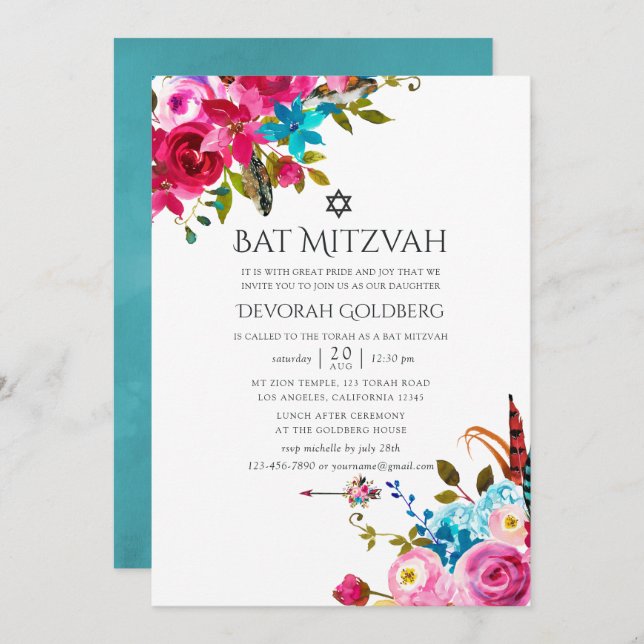 Convites Boho Chic Floral Bat Mitzvah (Frente/Verso)