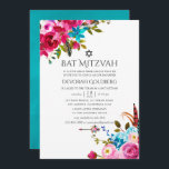 Convites Boho Chic Floral Bat Mitzvah<br><div class="desc">Boho cor-de-rosa-chic e azul-turquesa água azul-d'água,  convites com tipografia floral bat mitzvah,  concebidos para serem rápida e facilmente personalizáveis em função das suas especificidades de eventos.</div>