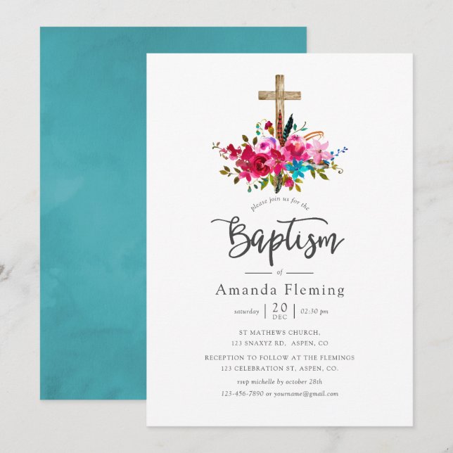 Convites Boho Chic Floral Batismo (Frente/Verso)