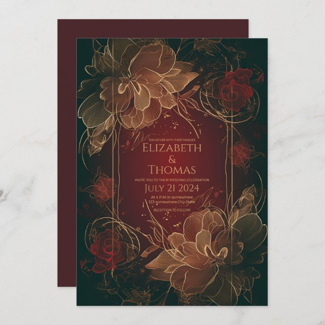 Convites Boho Chic Floral Burgundy e tema Dourado. (Frente/Verso)
