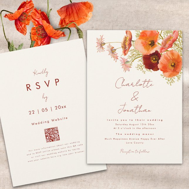 Convites Boho Chic Floral Casamento de Outono (Boho floral fall wedding invitation with qr code orange peach and burnt orange script)