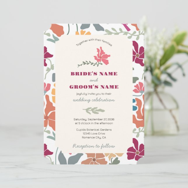 Convites Boho Chic Floral Casamento Retro Meados do Século (Em pé/Frente)