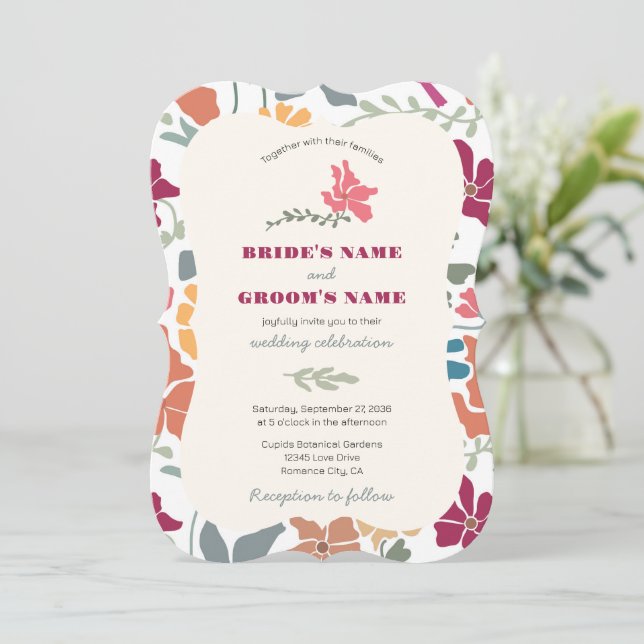 Convites Boho Chic Floral Casamento Retro Meados do Século (Em pé/Frente)