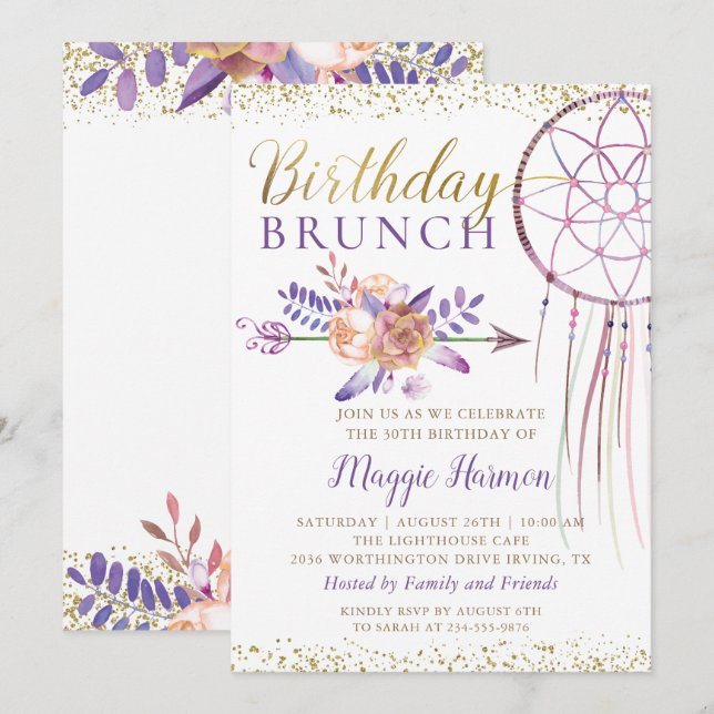 Convites Boho Chic Floral Dreamcatcher Birthday Brunch (Frente/Verso)
