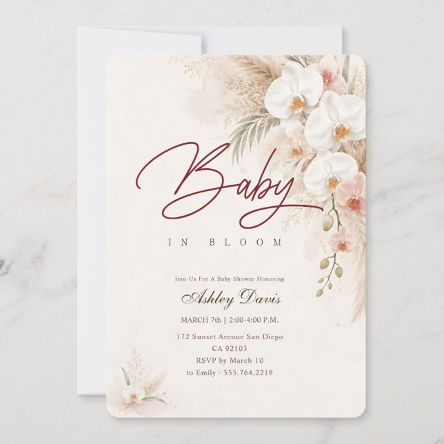 Convites Boho Chic Floral Orquídea Bebê em Flor Baby Shower (Frente)