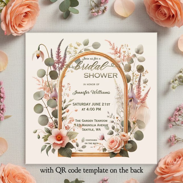 Convites Boho Chic Floral Rose Gold Arch Bridal Shower (Bohemian bridal shower invitation featuring a watercolor flower arrangement around a rose gold arch)