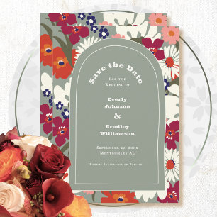 Convites Boho Chic Floral Verde Salvia Moderno Salve a Data
