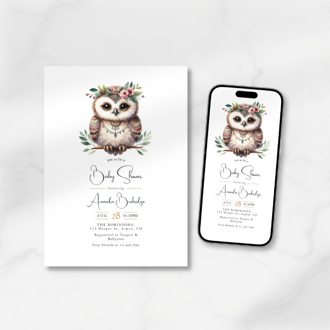 Convites Boho Chic Floresta Animais Chá de Bebê (Boho Chic Foest Woodland Animals Baby Shower Invitation)