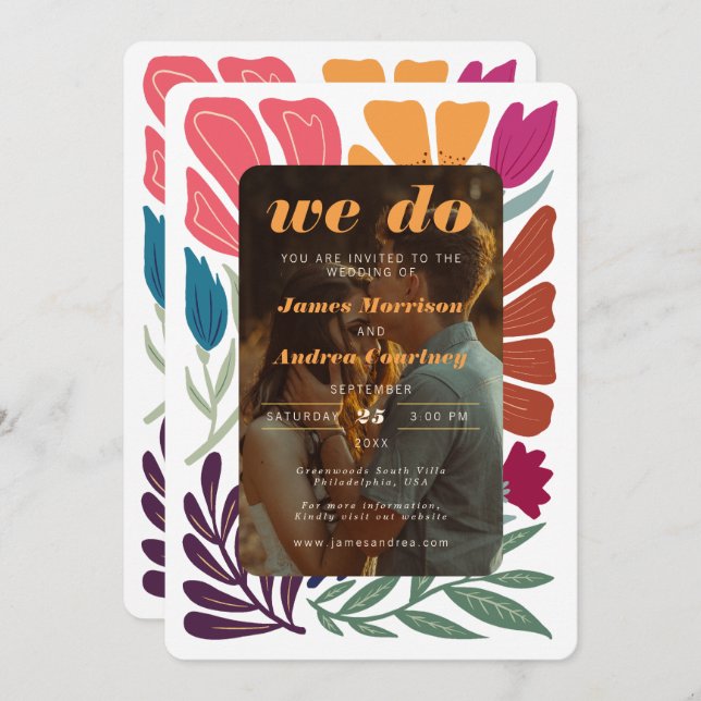 Convites Boho Chic Foto Colorida FloralWedding (Frente/Verso)