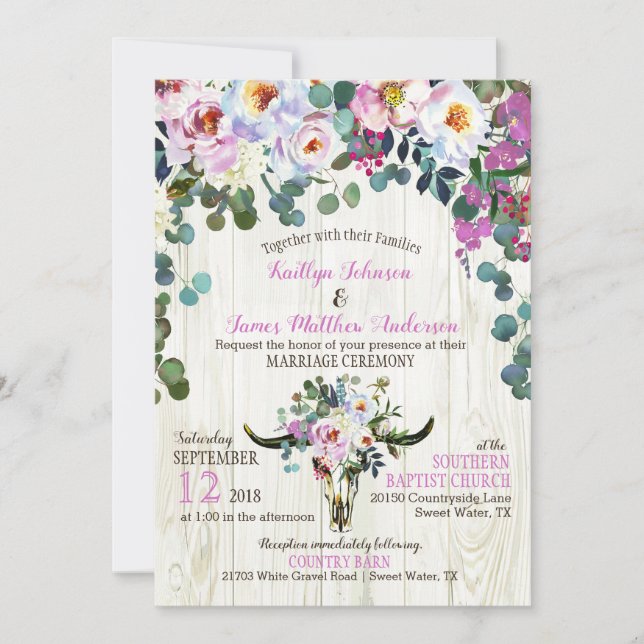 Convites Boho Chic Longhorn Cow Skull Floral Weding (Frente)