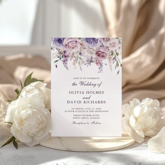 Convites Boho Chic Mauve Lilac Floral Wedding (Boho Chic Mauve Lilac Floral Wedding Invitation on a boho table with white peonies)
