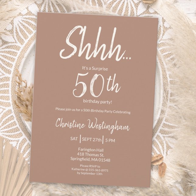 Convites Boho Chic Mocha Creme Surpresa Aniversário de 50 a (Criador carregado)
