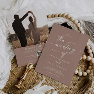 Convites Boho Chic Neutral Taupe Foto Código QR Casamento