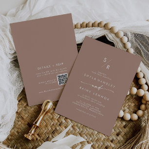 Convites Boho Chic Neutral Taupe Monograma Código QR Casame