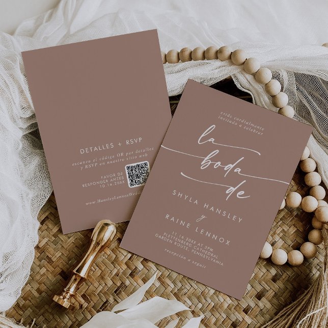 Convites Boho Chic Neutral Taupe QR Código Casamento Espanh (Criador carregado)