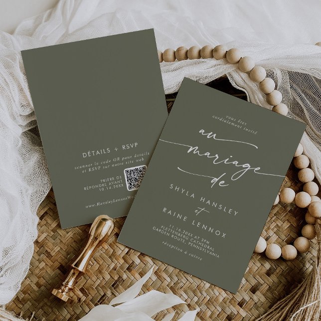 Convites Boho Chic Olive Green Código QR Casamento Francês (Criador carregado)