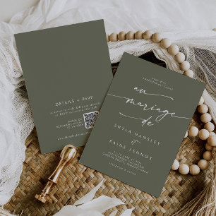 Convites Boho Chic Olive Green Código QR Casamento Francês