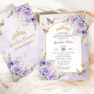 Convites Boho Chic Pampas Purple Lilac Floral Quinceañera