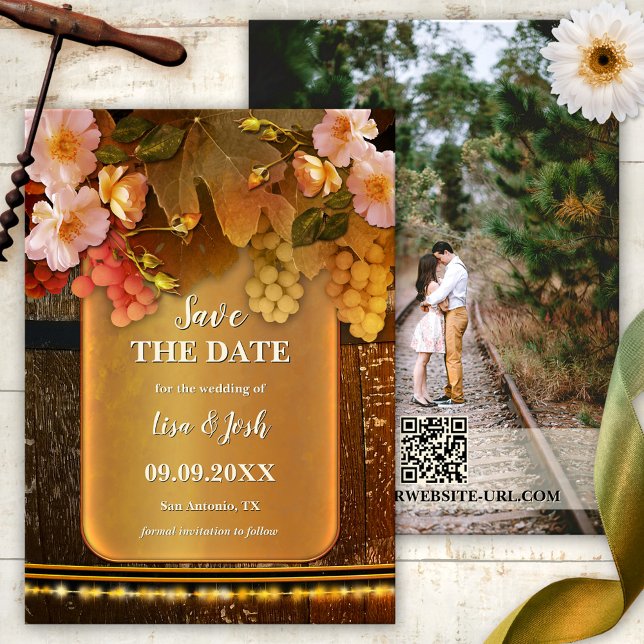 Convites Boho Chic Photo Wine Themed Save the Date Card (Save the Date card with a wine theme, featuring grapes and pink roses on a gold artistic design)