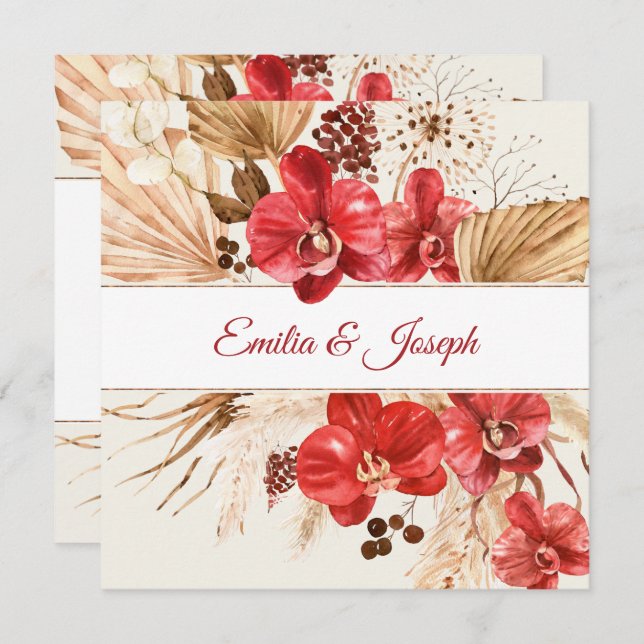 Convites Boho chic Red Orchid cai personalizado Casamento (Frente/Verso)