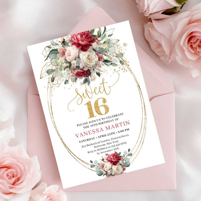 Convites Boho Chic Red White Gold Floral Sweet 16 Birthday (Chic Red White Gold Floral Sweet 16 Birthday Invite)