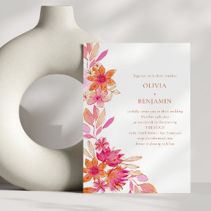 Convites Boho Chic Rosa Laranja Floral Aquarela Casamento