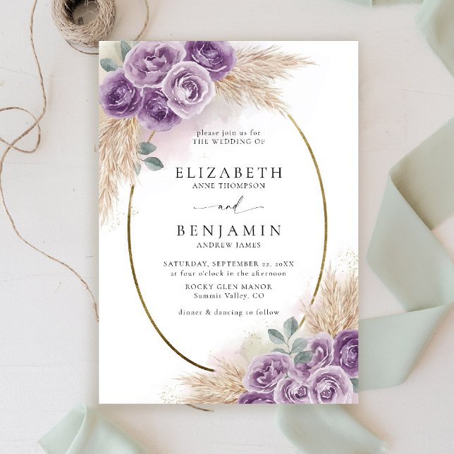 Convites Boho Chic Rustic Purple Oval Dourado Casamento Ele (boho chic rustic purple wedding invitation watercolor elegant floral frame barn ranch garden)