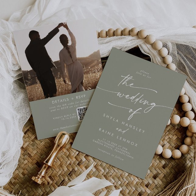 Convites Boho Chic Sage Green Photo Code Casamento (Criador carregado)
